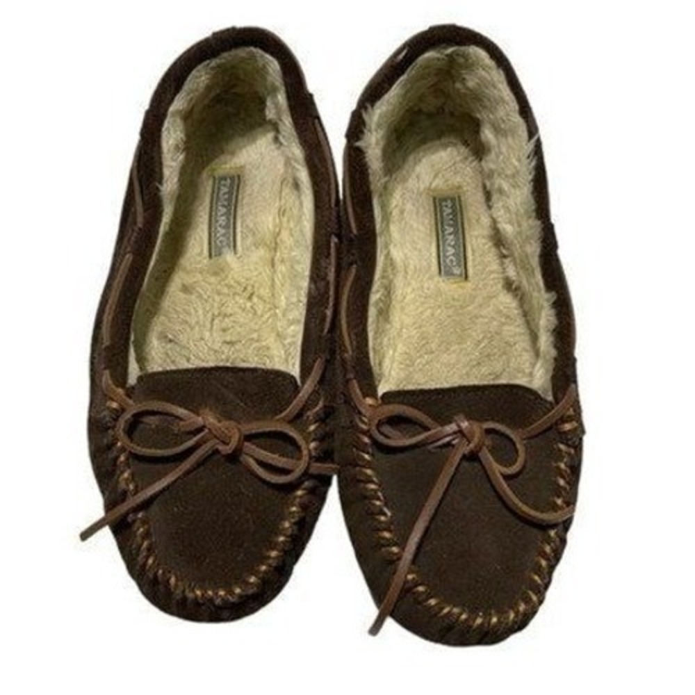 Tamarac Womens Brown Suede Moccasin Slippers With Fur Lining
